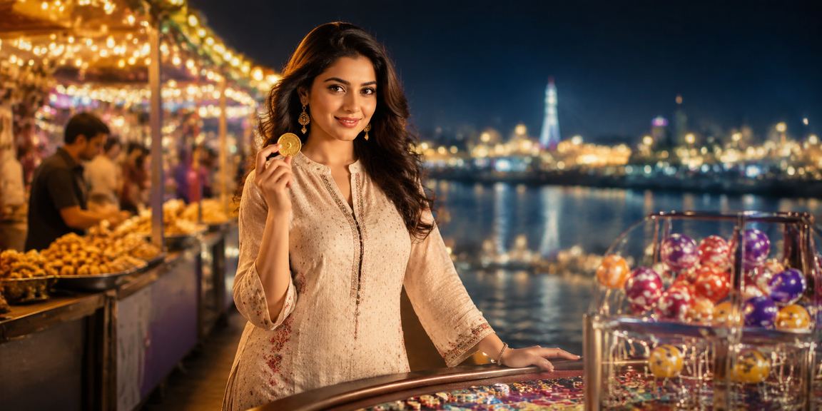 Ahmedabad riverfront at dusk showing user playing Teen Patti online on mobile device