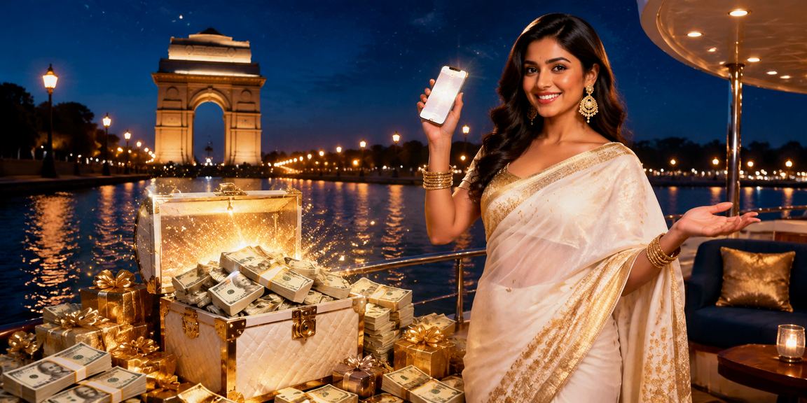 Woman using mobile phone to make payment near India Gate at dusk